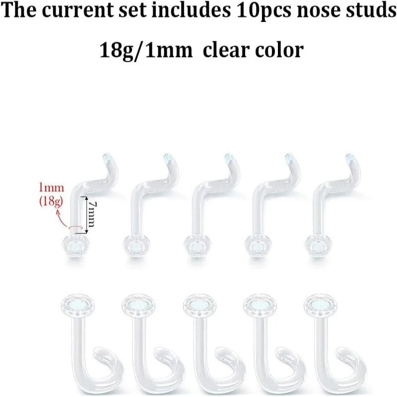 10Pcs Glass Clear Nose Studs Screw for Work,Surgery, 18g/16g Glass Nose Piercing Retainer for Sport, MRIs, CT, Hypoallergenic Flat Top Invisible Nose Rings Studs