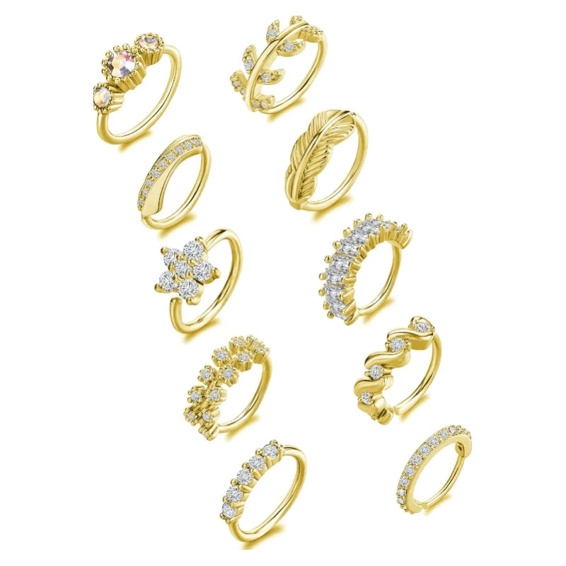 10Pcs Nose Ring Hoop Paved Flower Leaf Feather CZ Cartilage Earrings Nose Piercing