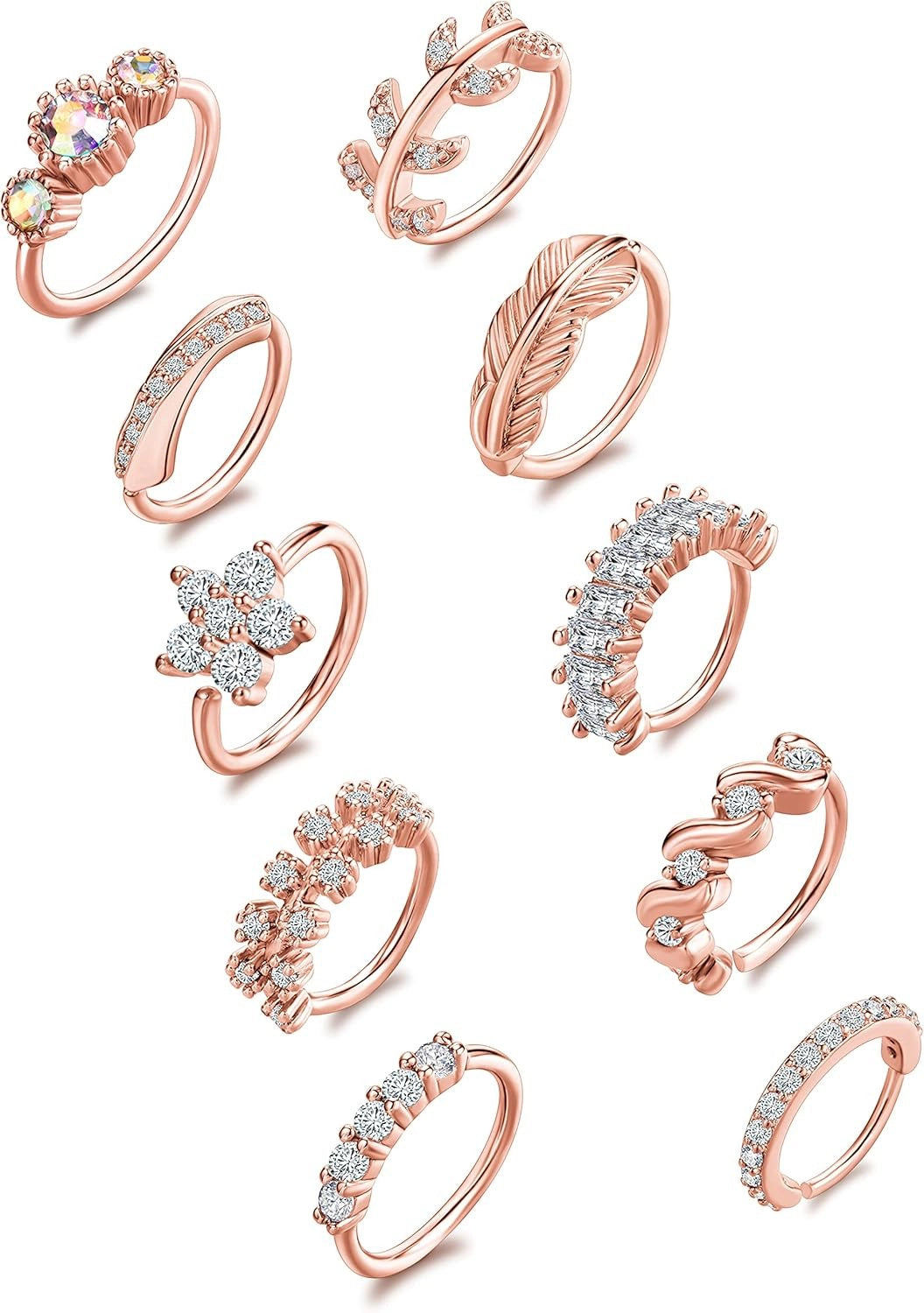10Pcs Nose Ring Hoop Paved Flower Leaf Feather CZ Cartilage Earrings Nose Piercing