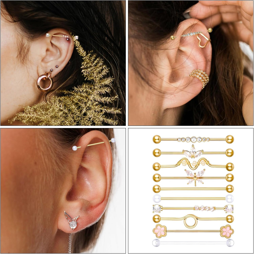 10Pcs 14G Industrial Piercing Jewelry Surgical Steel Industrial Barbell Earrings Cartilage Helix - QIAO CrystalQIAO CrystalQIAO Crystal