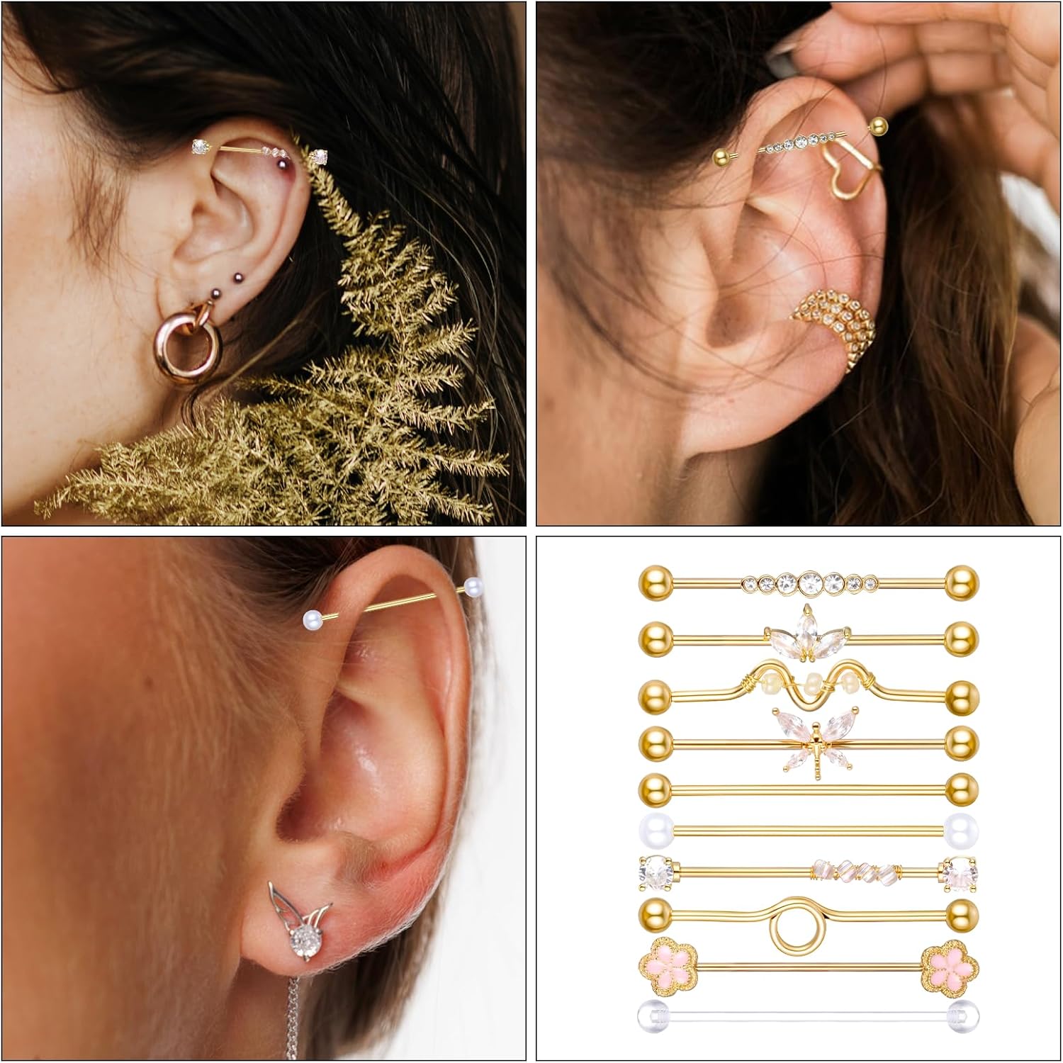 10Pcs 14G Industrial Piercing Jewelry Surgical Steel Industrial Barbell Earrings Cartilage Helix - QIAO CrystalQIAO CrystalQIAO Crystal