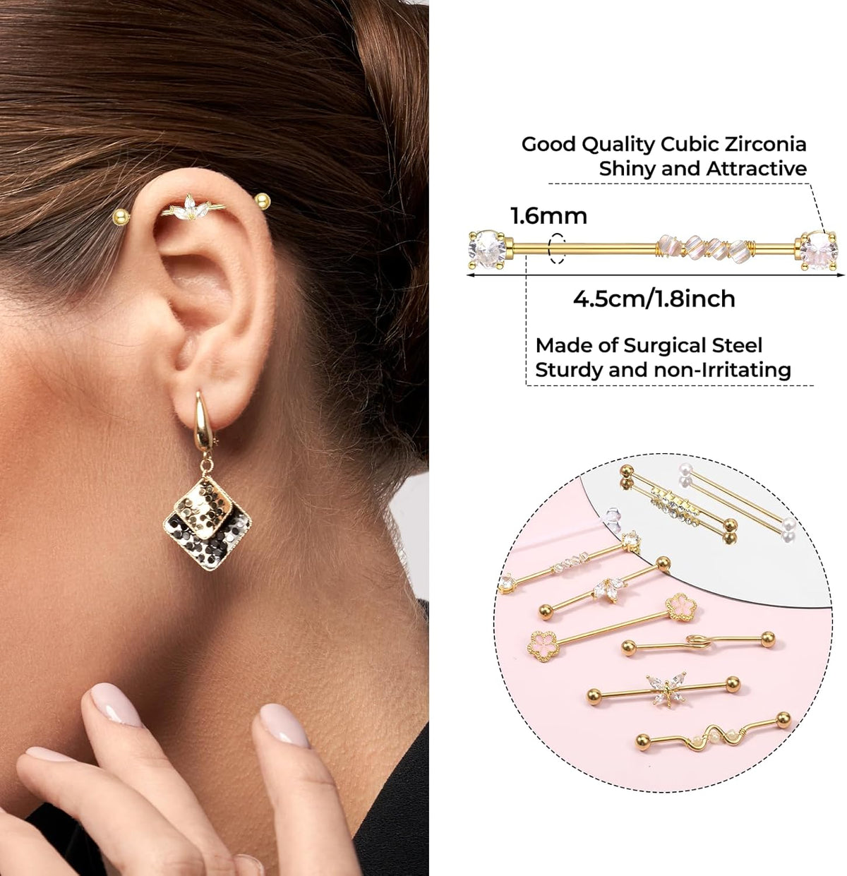 10Pcs 14G Industrial Piercing Jewelry Surgical Steel Industrial Barbell Earrings Cartilage Helix - QIAO CrystalQIAO CrystalQIAO Crystal