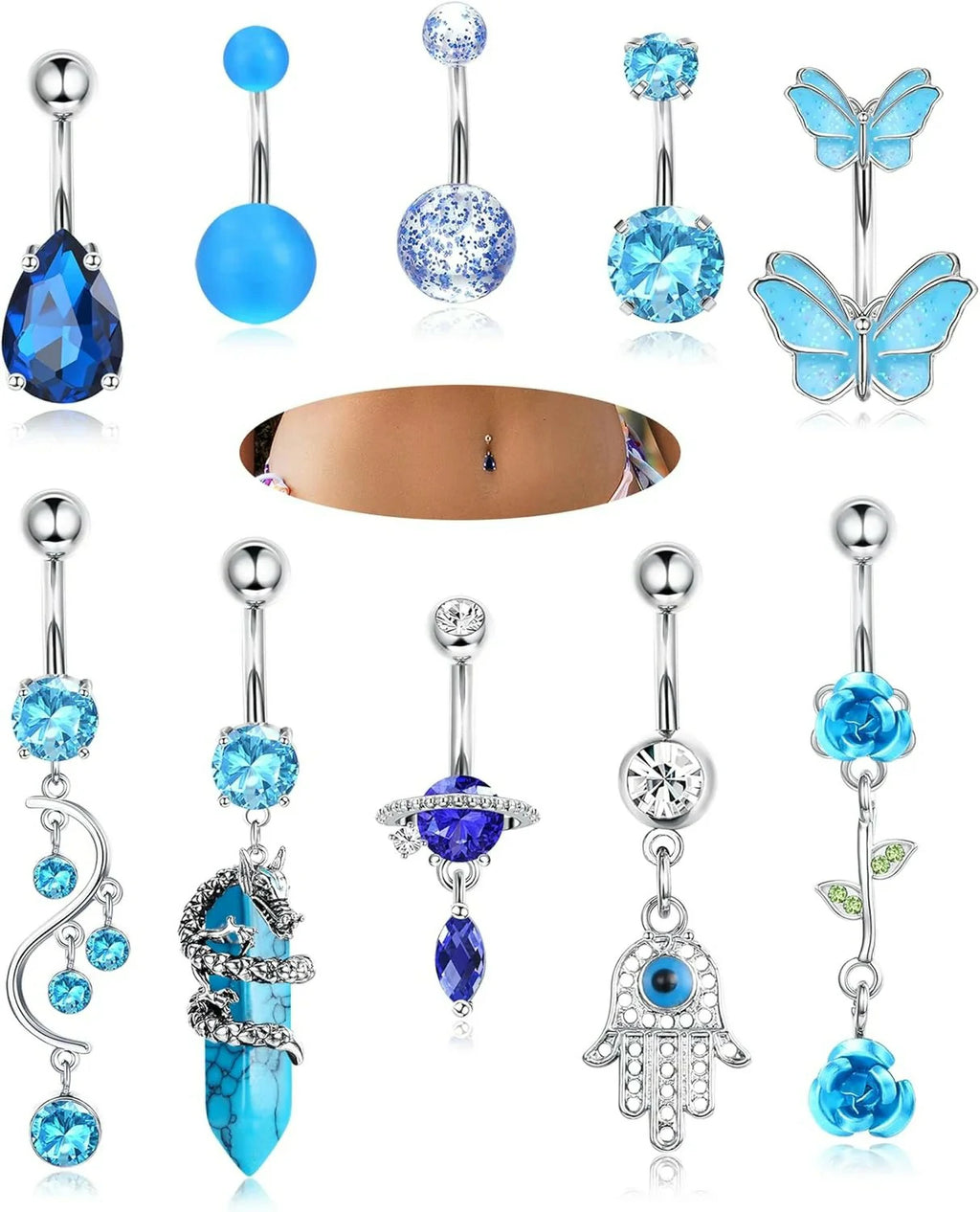 10Pcs Belly Button Rings Surgical Stainless Steel CZ Heart Dragon Butterfly Dangle