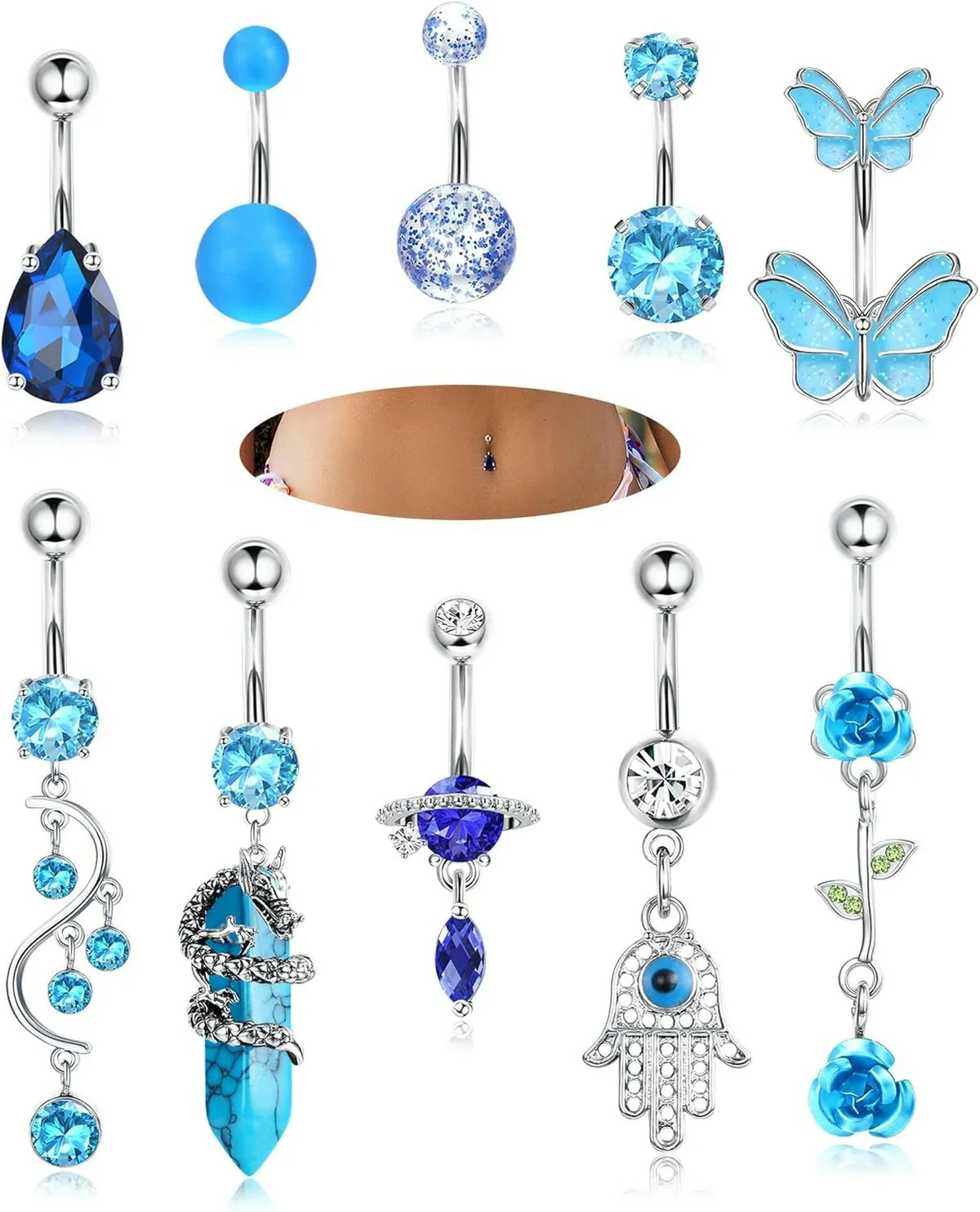 10Pcs Belly Button Rings Surgical Stainless Steel CZ Heart Dragon Butterfly Dangle