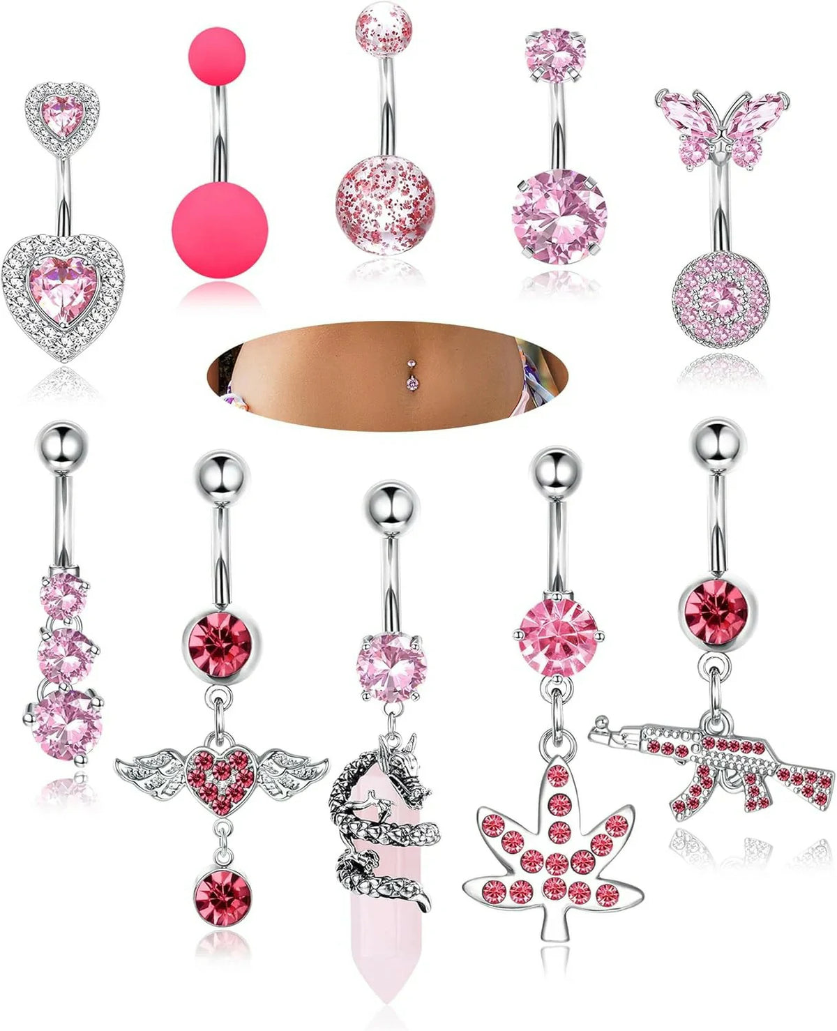 10Pcs Belly Button Rings Surgical Stainless Steel CZ Heart Dragon Butterfly Dangle