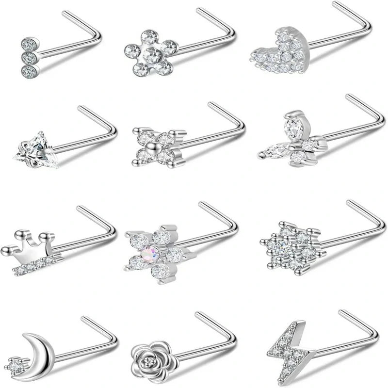 12Pcs Nose Rings Stud L Shape Nose Rings Cubic Zirconia Butterfly Flower Eye Moon