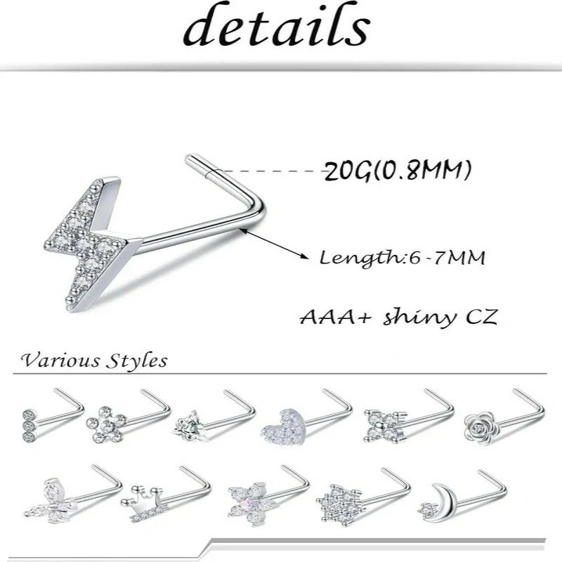 12Pcs Nose Rings Stud L Shape Nose Rings Cubic Zirconia Butterfly Flower Eye Moon