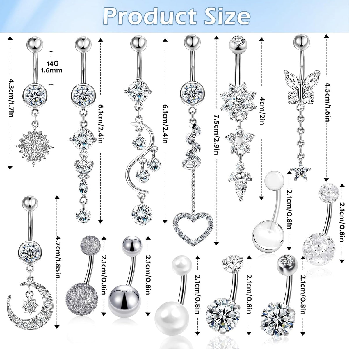 14 PCS Belly Button Rings for Women, 14G Long Dangle Navel Ring Screw Bar Design Body Piercing Jewelry Belly Rings Gifts - 我的商店我的商店我的商店