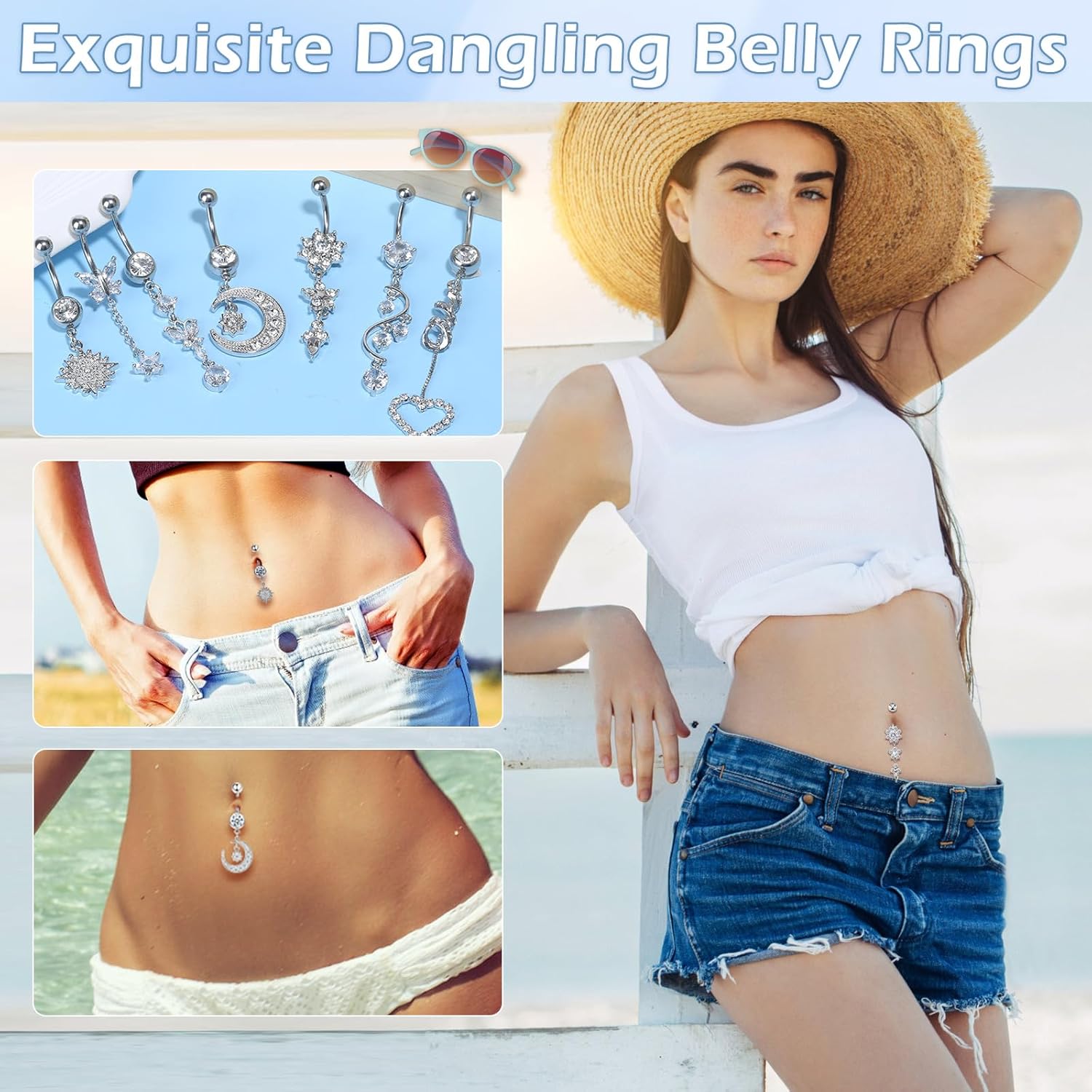 14 PCS Belly Button Rings for Women, 14G Long Dangle Navel Ring Screw Bar Design Body Piercing Jewelry Belly Rings Gifts - 我的商店我的商店我的商店