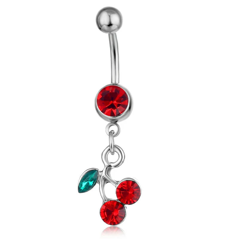 14G 316L Surgical Steel Cute Cherry Dangle Cubic Zirconia Navel Piercing Jewelry