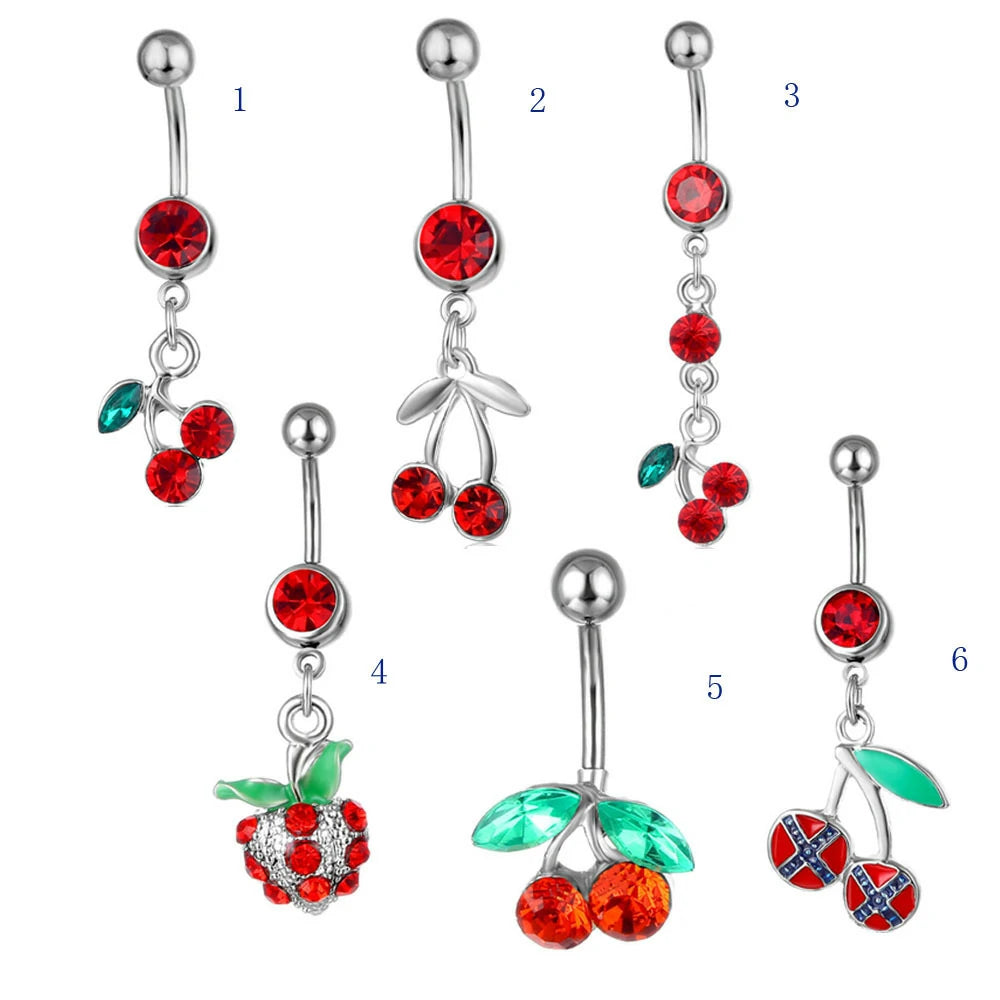 14G 316L Surgical Steel Cute Cherry Dangle Cubic Zirconia Navel Piercing Jewelry