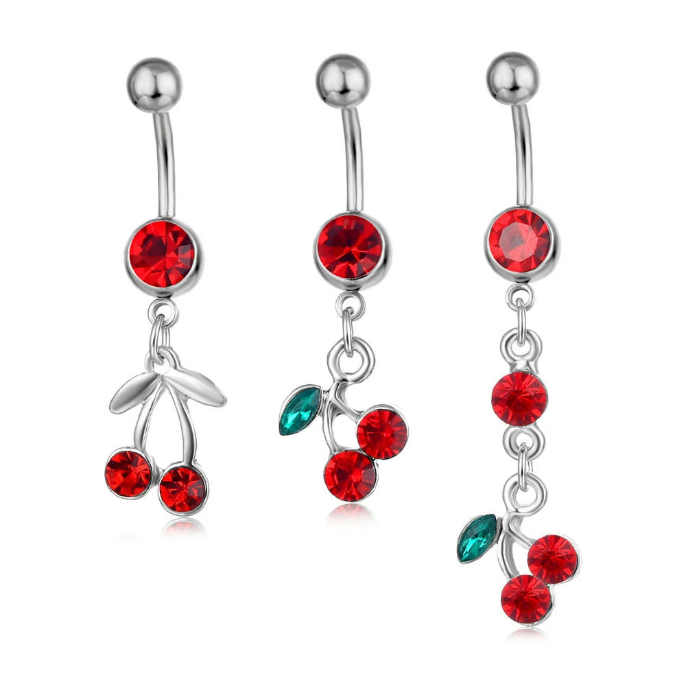 14G 316L Surgical Steel Cute Cherry Dangle Cubic Zirconia Navel Piercing Jewelry