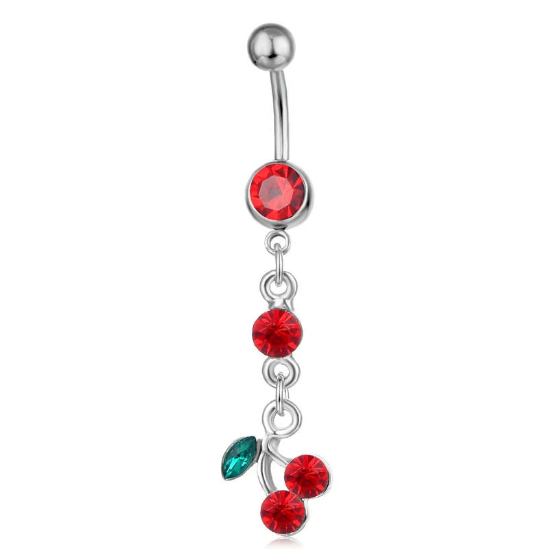 14G 316L Surgical Steel Cute Cherry Dangle Cubic Zirconia Navel Piercing Jewelry