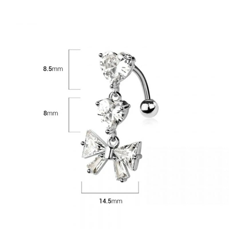 14GA 316L Stainless Steel CZ Crystal Dangling Hearts and Bow Ribbon Reverse Belly Button Ring