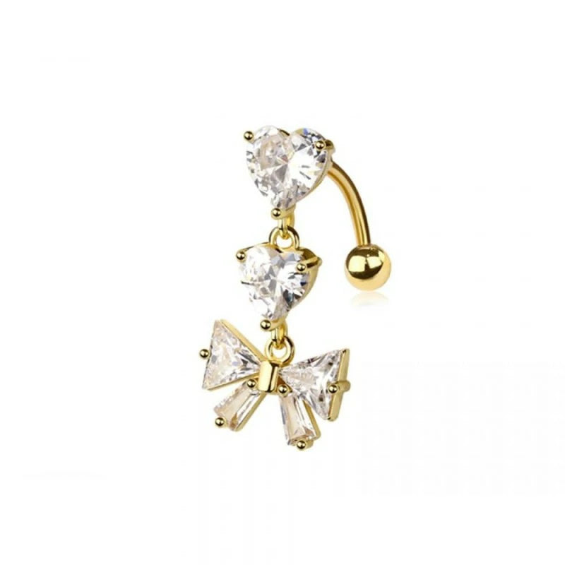 14GA 316L Stainless Steel CZ Crystal Dangling Hearts and Bow Ribbon Reverse Belly Button Ring