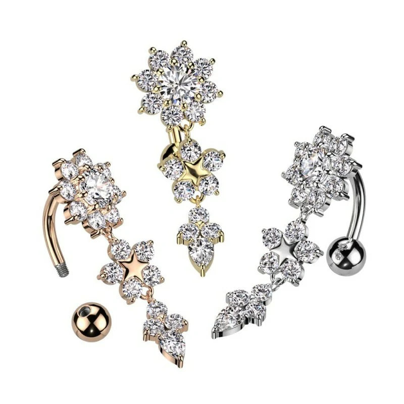 14GA 316L Stainless Steel CZ Crystal Double Flower Top Drop Reverse Belly Button Ring