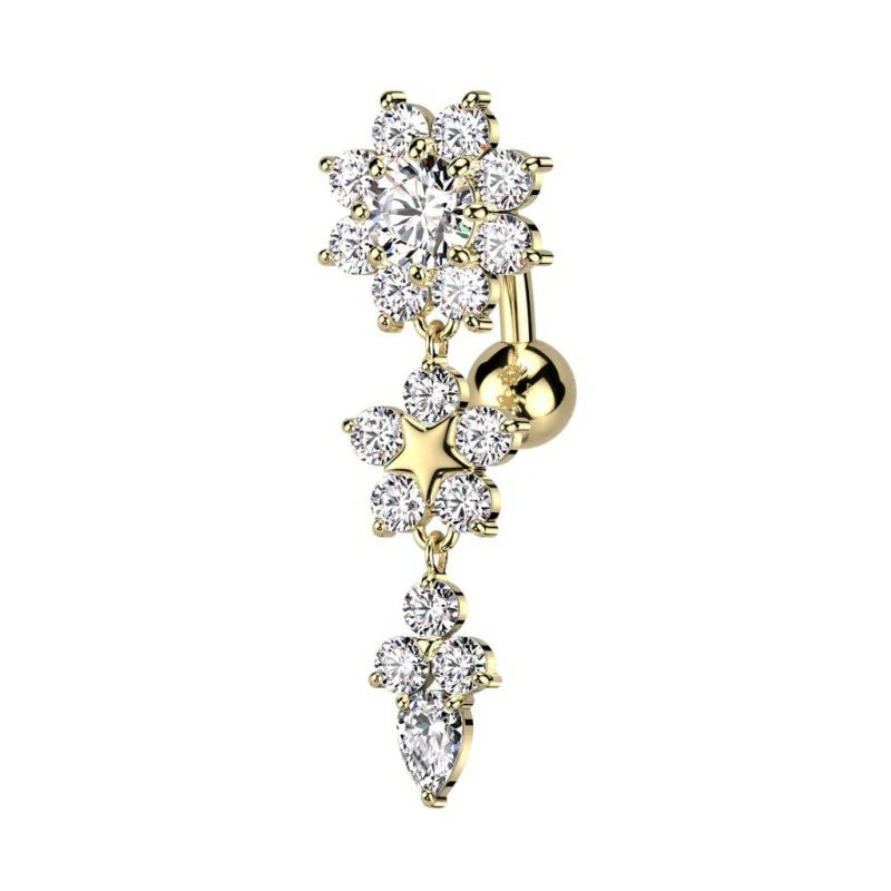 14GA 316L Stainless Steel CZ Crystal Double Flower Top Drop Reverse Belly Button Ring