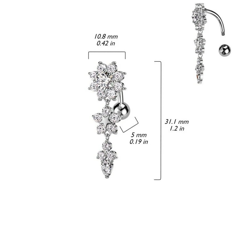 14GA 316L Stainless Steel CZ Crystal Double Flower Top Drop Reverse Belly Button Ring