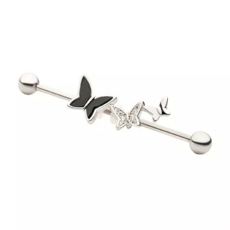 14GA 316L Stainless Steel CZ Crystal Triple Butterfly Industrial Barbell