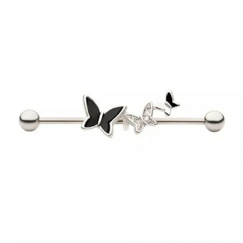 14GA 316L Stainless Steel CZ Crystal Triple Butterfly Industrial Barbell