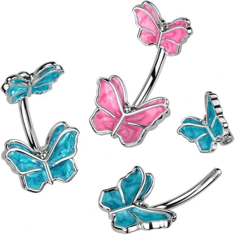 14GA 316L Stainless Steel Double Butterfly Belly Button Ring