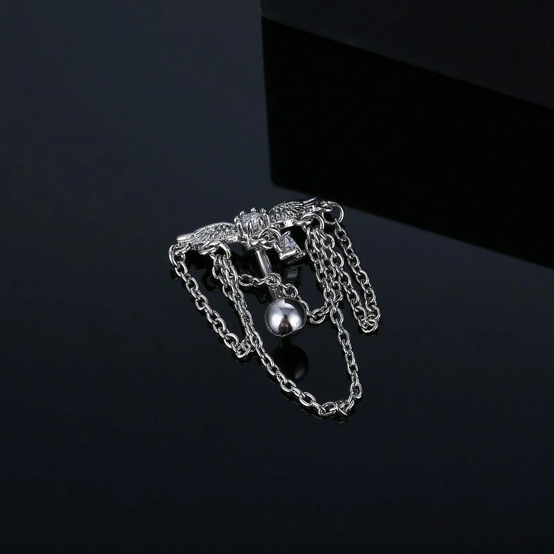14GA Stainless Steel CZ Crystal Dangling Chains Celestial Top Drop Reverse Belly Button Ring