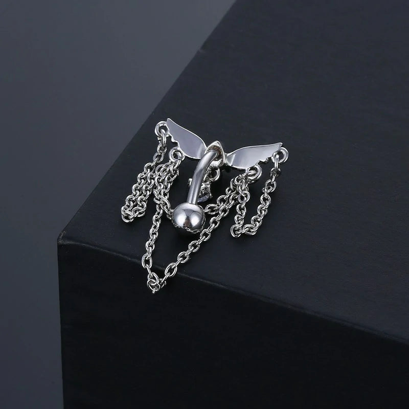 14GA Stainless Steel CZ Crystal Dangling Chains Celestial Top Drop Reverse Belly Button Ring