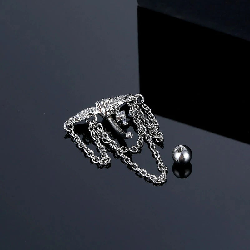 14GA Stainless Steel CZ Crystal Dangling Chains Celestial Top Drop Reverse Belly Button Ring