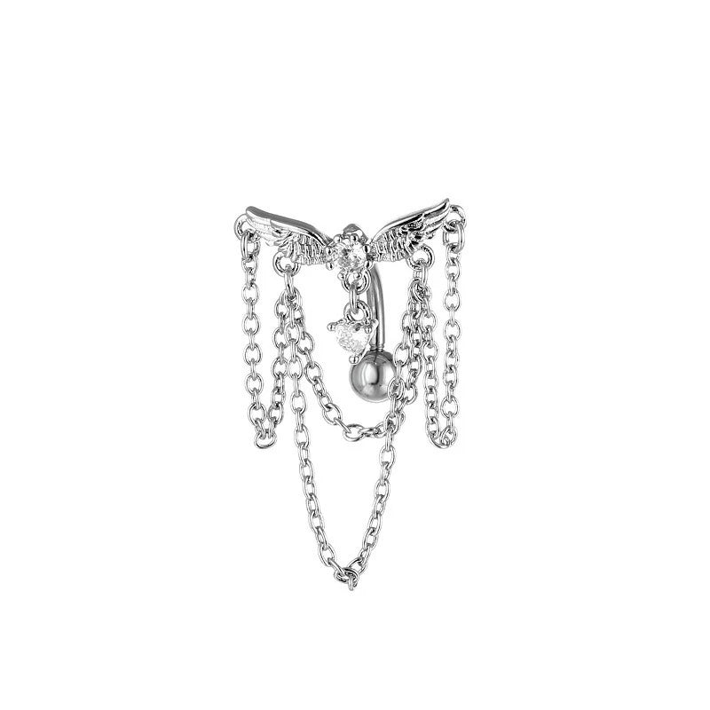 14GA Stainless Steel CZ Crystal Dangling Chains Celestial Top Drop Reverse Belly Button Ring