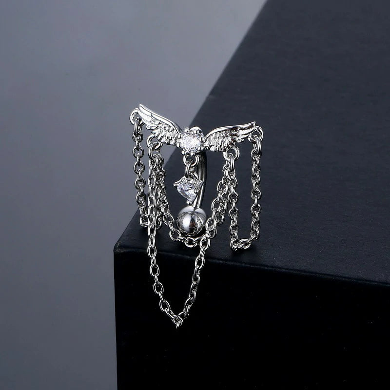 14GA Stainless Steel CZ Crystal Dangling Chains Celestial Top Drop Reverse Belly Button Ring