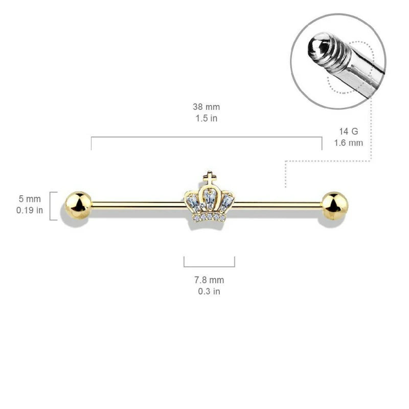 14GA Stainless Steel CZ Paved Crown with Cross Industrial Barbell