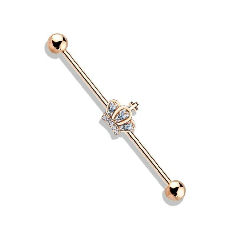 14GA Stainless Steel CZ Paved Crown with Cross Industrial Barbell
