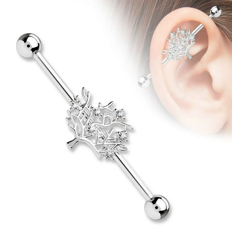 14GA Stainless Steel CZ Crystal Tree of Life Industrial Barbell