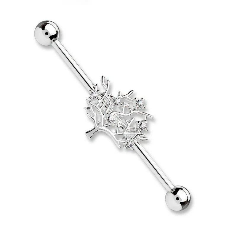 14GA Stainless Steel CZ Crystal Tree of Life Industrial Barbell