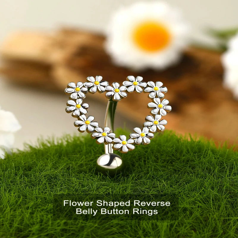 14G Belly Button Rings Reverse Belly Rings Stainless Steel 316L Flower Belly Piercing