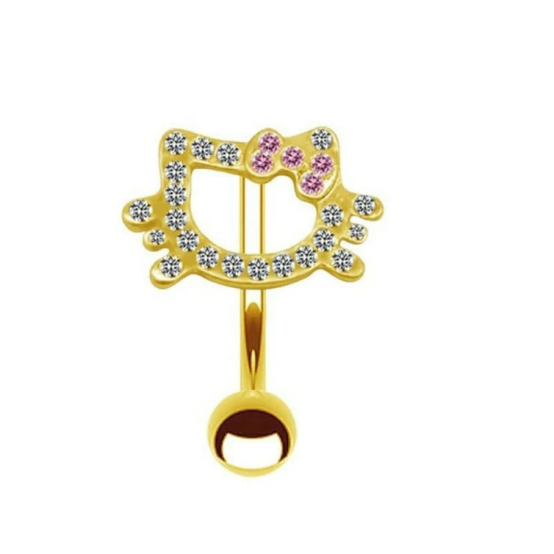 14G CZ Cat Reverse Belly Button Rings Cute 316L Surgical Steel Top Down Belly Navel Ring