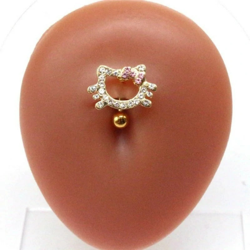 14G CZ Cat Reverse Belly Button Rings Cute 316L Surgical Steel Top Down Belly Navel Ring