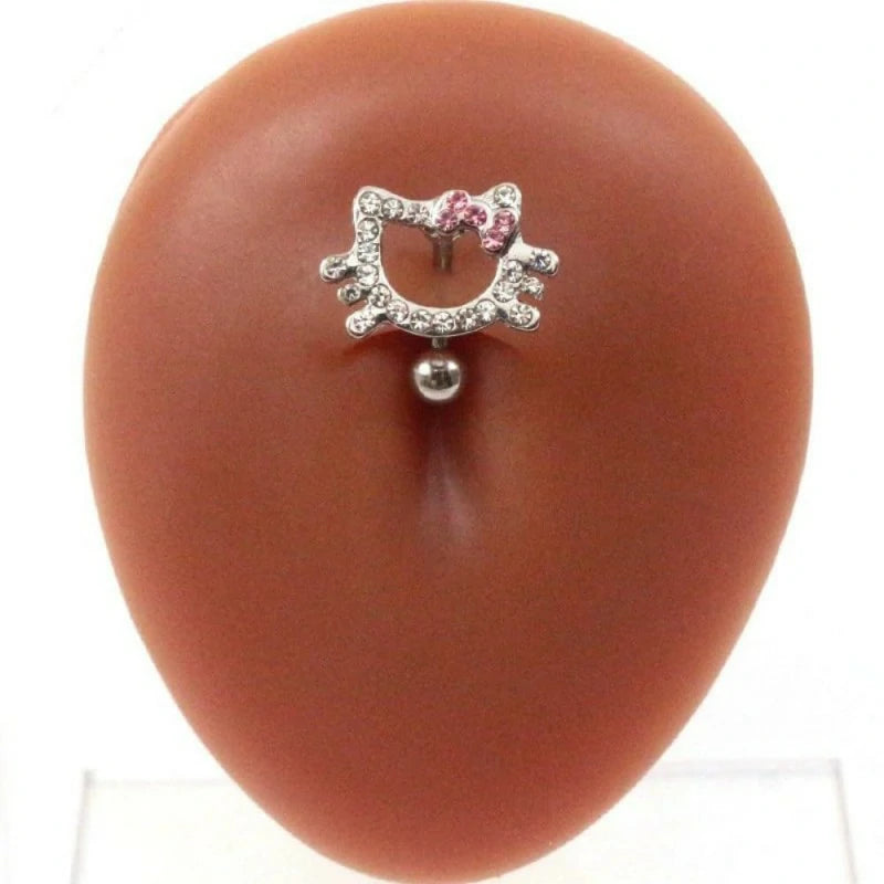 14G CZ Cat Reverse Belly Button Rings Cute 316L Surgical Steel Top Down Belly Navel Ring