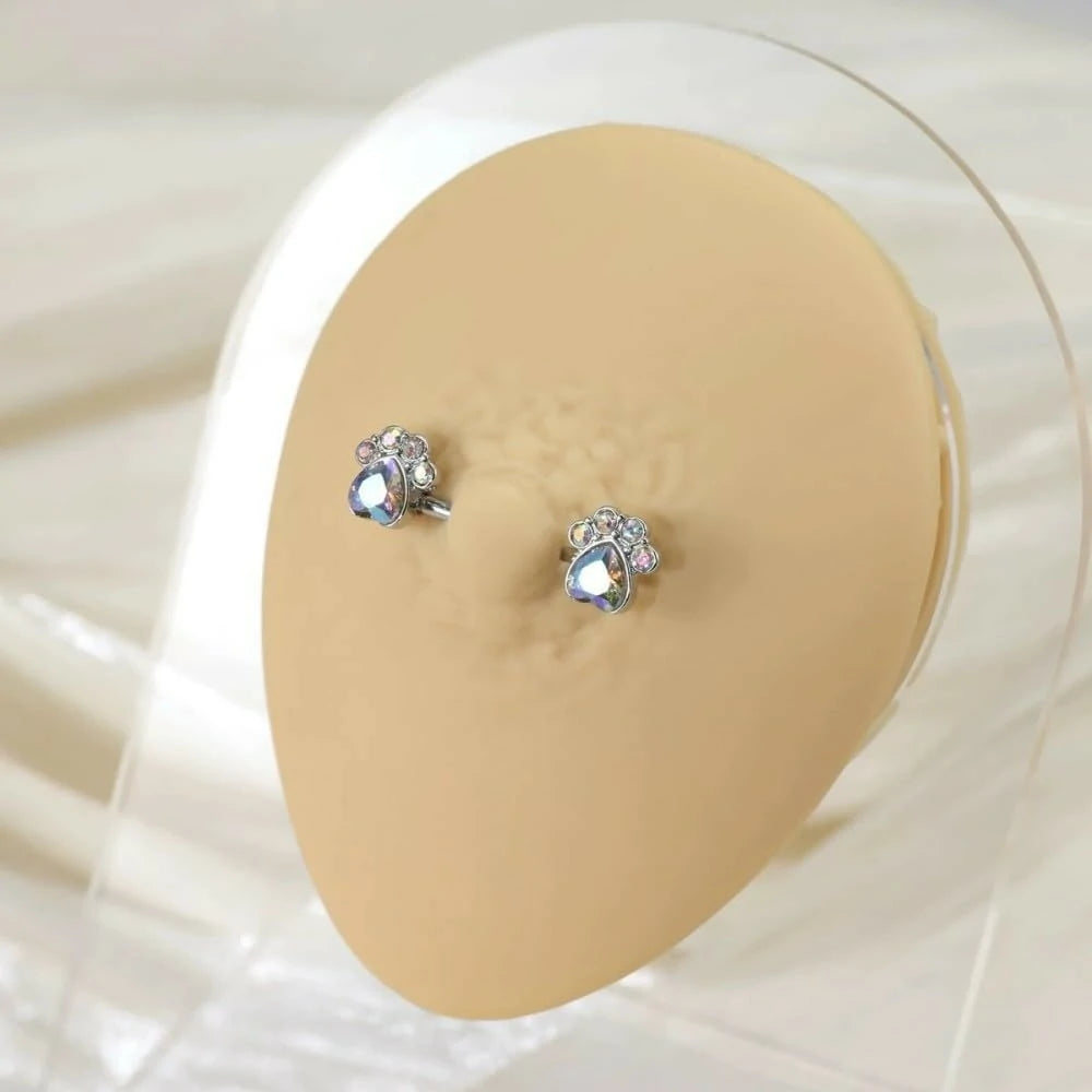 14G Colorful CZ Paw 316L Stainless Steel Cubic Zirconia Paw Print Nipple Piercing Barbell Nipple Shield Studs