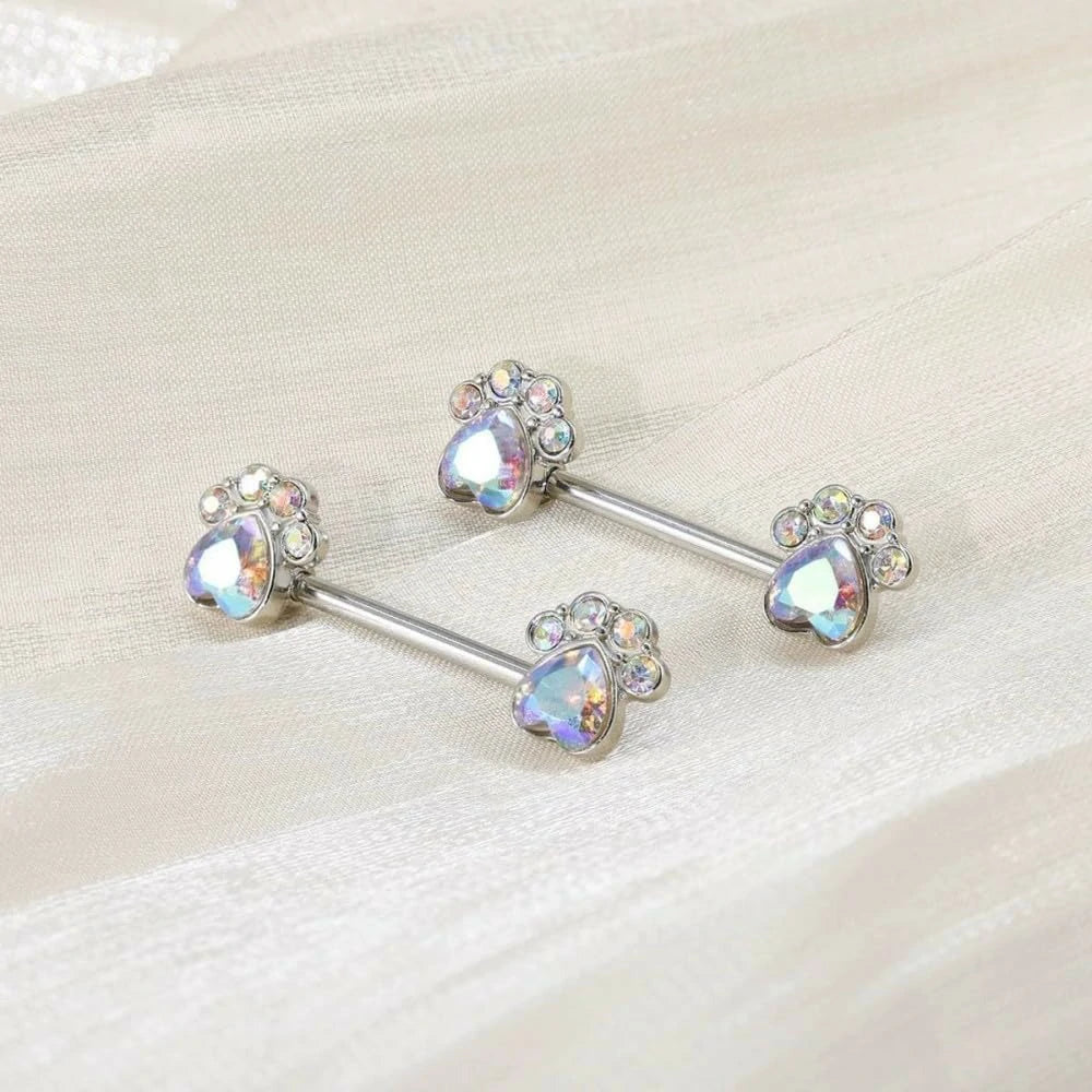 14G Colorful CZ Paw 316L Stainless Steel Cubic Zirconia Paw Print Nipple Piercing Barbell Nipple Shield Studs