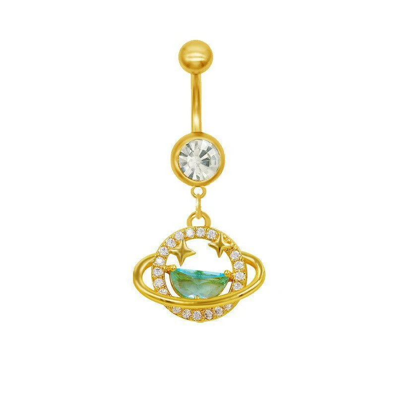 14G Gold Lotus Belly Button Ring Double CZ Navel Ring 316L Circle Surgical Stainless Steel Marquise