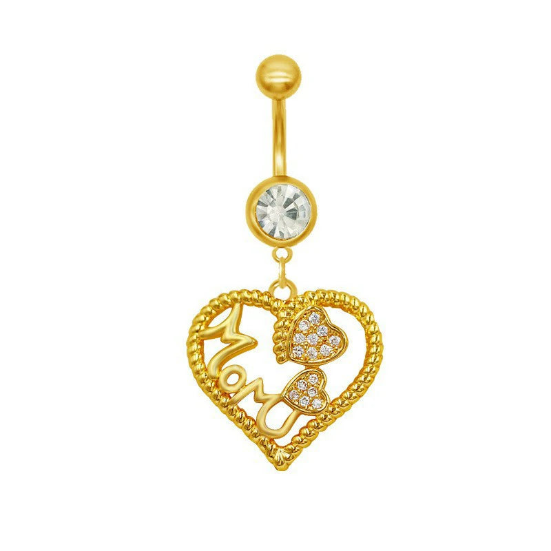 14G Gold Lotus Belly Button Ring Double CZ Navel Ring 316L Love Mom Surgical Stainless Steel Marquise