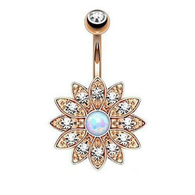 14G Golden Silvery Belly Ring Internally Threaded Flower Opal Piercing Jewelry