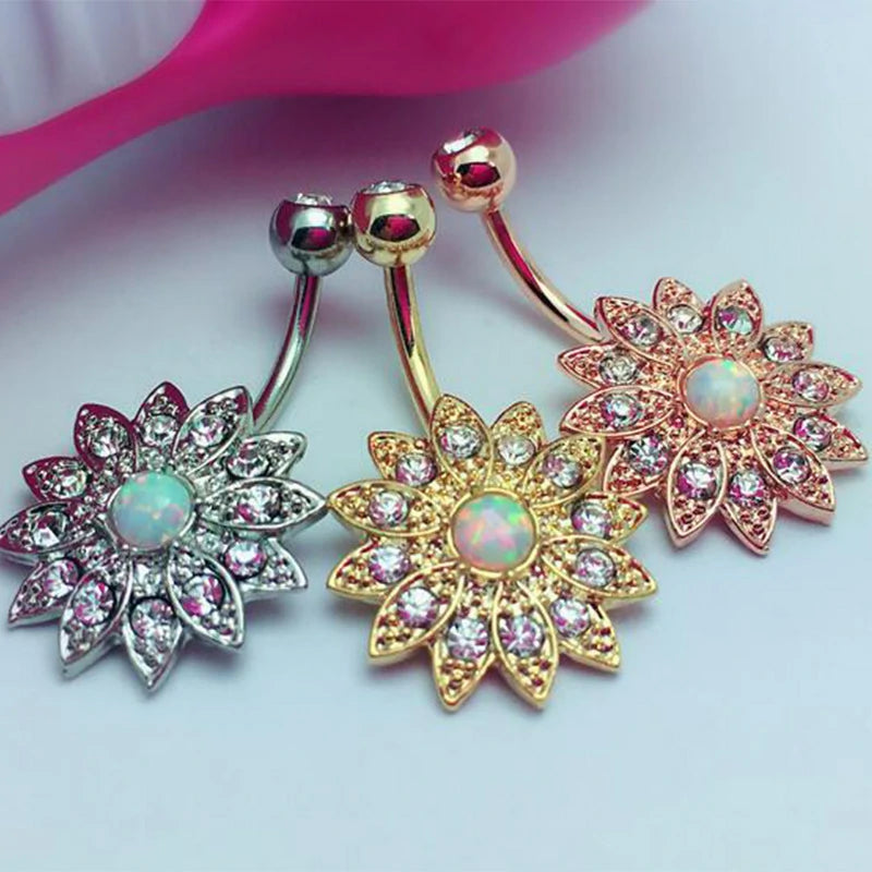 14G Golden Silvery Belly Ring Internally Threaded Flower Opal Piercing Jewelry