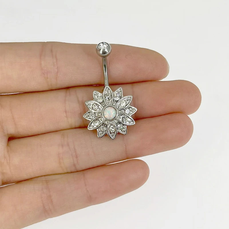 14G Golden Silvery Belly Ring Internally Threaded Flower Opal Piercing Jewelry