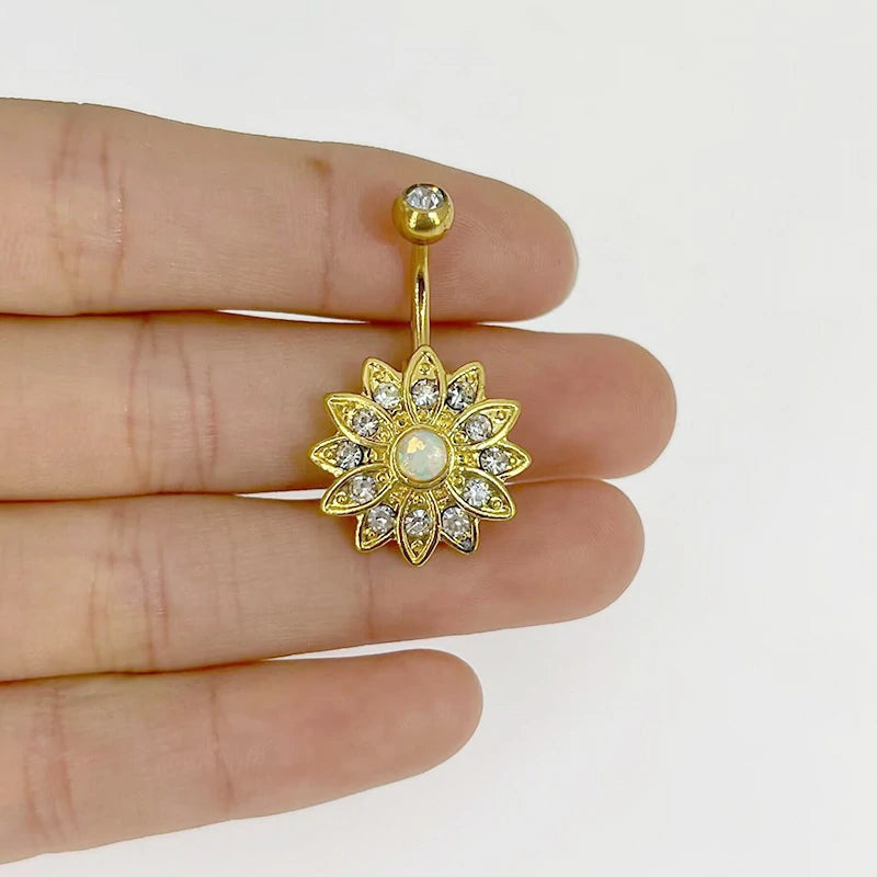 14G Golden Silvery Belly Ring Internally Threaded Flower Opal Piercing Jewelry