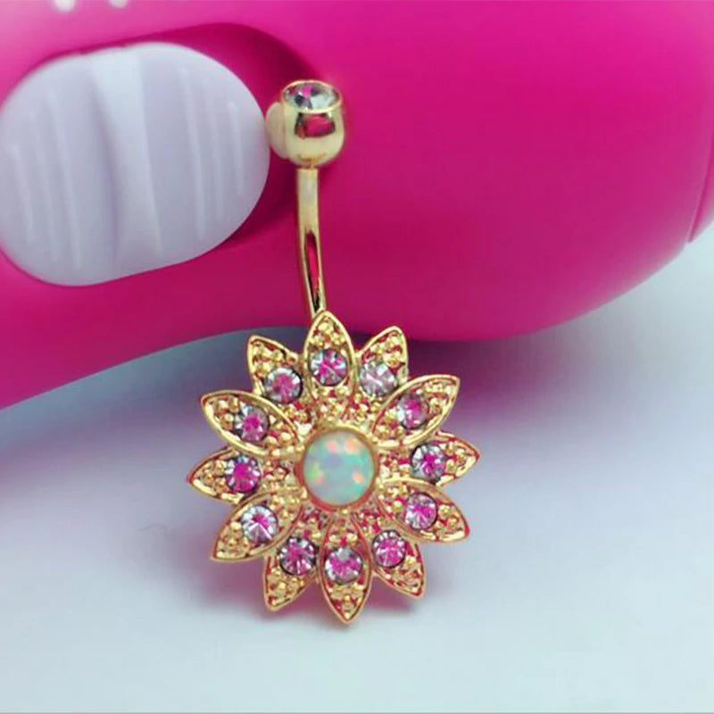 14G Golden Silvery Belly Ring Internally Threaded Flower Opal Piercing Jewelry