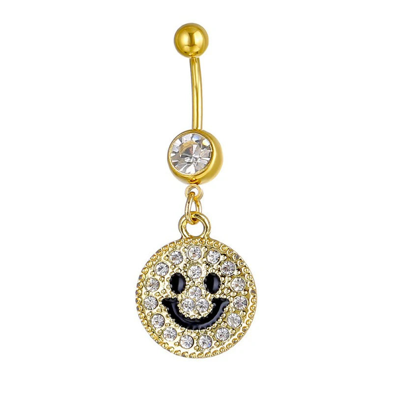 14G Golden Silvery Diamond-studded smiling face pendant belly button ring