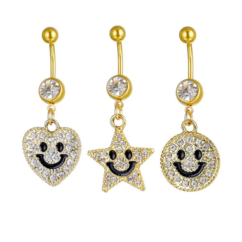 14G Golden Silvery Diamond-studded smiling face pendant belly button ring