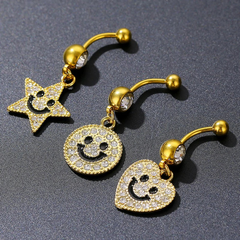 14G Golden Silvery Diamond-studded smiling face pendant belly button ring